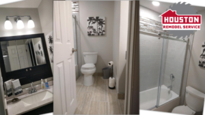A composite of a half bathroom remodel project that we recently did. It includes a toilet in the center of the image, a bathroom sink and mirror with lights on top on the left, and a tub next to the toilet on the right.