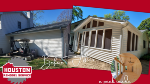A before and after image of a screened porch that we built for a customer. The after image includes a screen door and four windows in the front and three on the side.