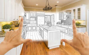 A kitchen remodeling project that includes a drawing of how it will look. It includes an island with a kitchen sink in the center.