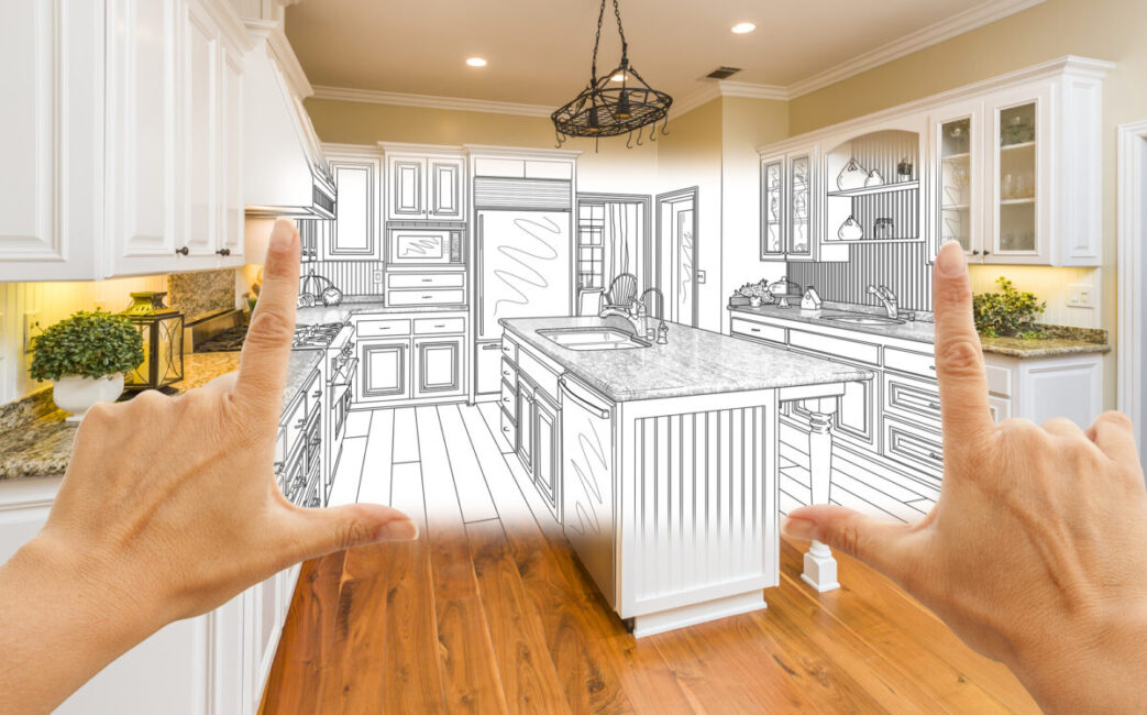 A kitchen remodeling project that includes a drawing of how it will look. It includes an island with a kitchen sink in the center.