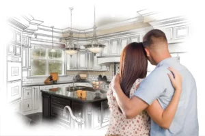 A happy couple looks at their redesigned kitchen.