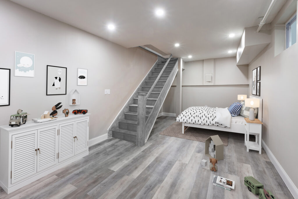 A completed basement renovation project in which the space was turned into a bedroom.